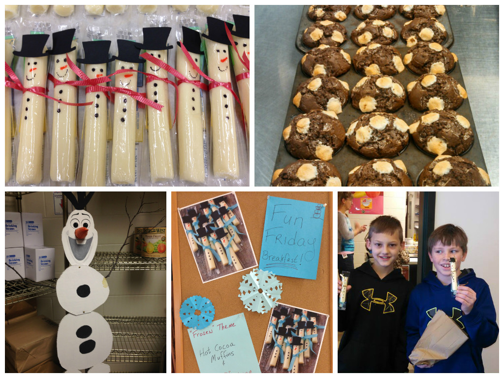 "Fun Friday" themes add an exciting element for students. For their "Frozen" Fun Friday, Windham Raymond served special whole grain Hot Cocoa Muffins. Those cheese stick snowmen are adorable!